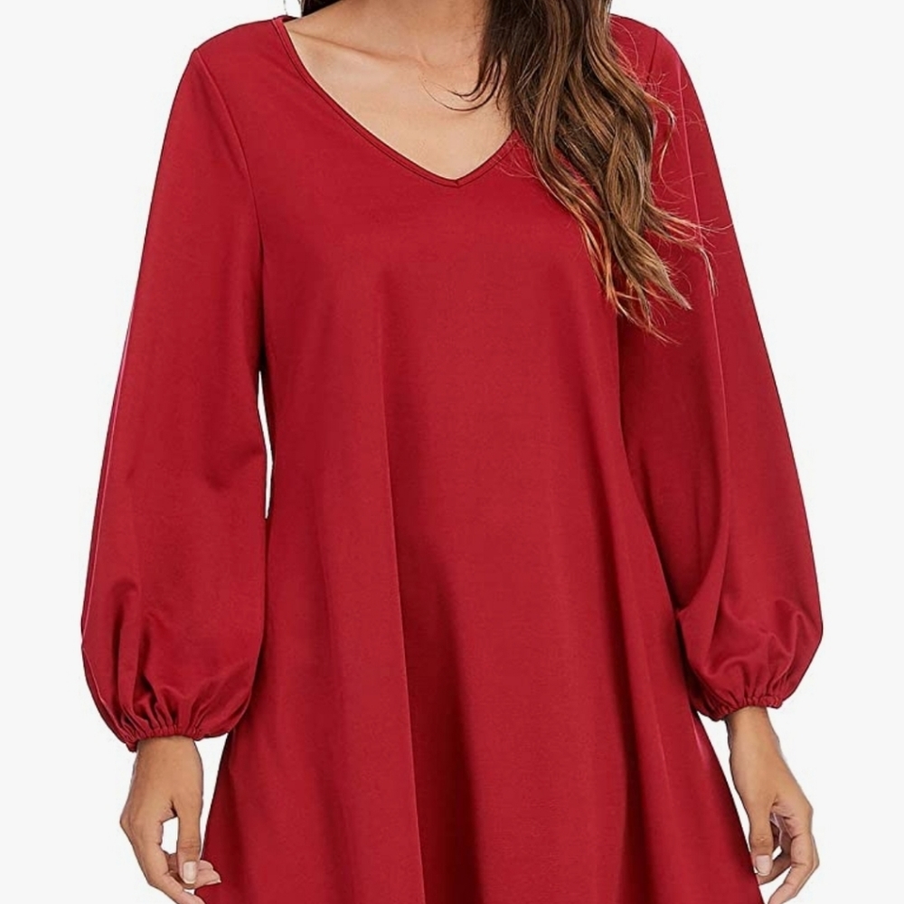 GOORY Women's Long Sleeve V-Neck Pocket Casual T-Shirt Dress, BUBBLEGUM PINK XXL